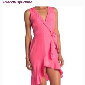 Amanda Uprichard Pink Wrap Ruffle Midi Dress XS | Asymmetrical Hem